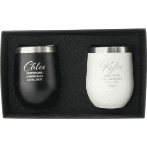 An insulated cup gift set featuring a black cup and a white cup, both with a sleek design and metallic lids.