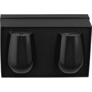 A drink bottle gift set featuring two black insulated cups packaged in a sleek black box with a foam insert.