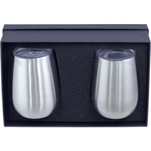 A drink bottle gift set featuring two silver insulated cups in a black box with a grey insert.
