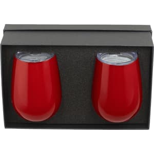 A drink cup gift set featuring two red insulated cups in a black packaging box, with a foam insert for protection.