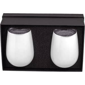 A drink bottle gift set featuring two white insulated cups in a black box with a foam insert.