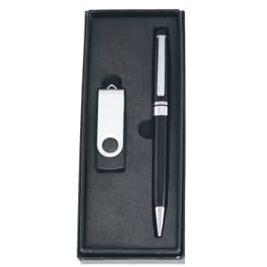 A black pen and a silver USB flash drive in a sleek dark gift box. The flash drive features a logo.