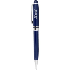 A blue pen with a silver clip and detailing, featuring a logo on the barrel.