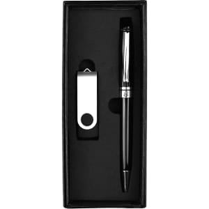A black pen and silver USB drive are presented in a black gift box with a sleek design.
