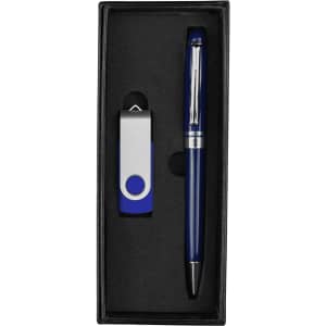 A sleek blue pen and an 8GB USB drive presented in a black gift box with a smooth interior.