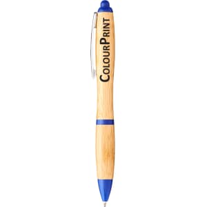 A blue and bamboo pen with a branding logo on the barrel, featuring a click mechanism and a transparent clip.