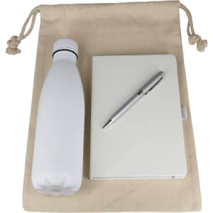 A drink bottle, beige cotton drawstring bag, white journal, and silver pen. The set has a logo on the bag.
