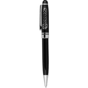 A black pen with a silver clip and accents, featuring a logo on the barrel.