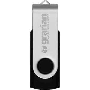 A silver and black USB flash drive with a branding logo and a swivel design.