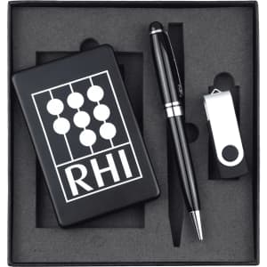 A black gift set containing a power bank, USB, and a pen, all presented in a sleek black box.
