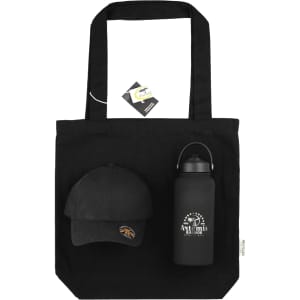 A black tote bag with a black cap and a black drink bottle, featuring a logo on the cap.