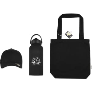 A black tote bag, black drink bottle, and black cap, all featuring a logo.