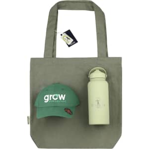 A green cap, a light grey tote bag, and a cream-coloured drink bottle, featuring a logo on each item.
