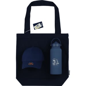 A navy tote bag, navy cap with a logo, and a navy drink bottle.