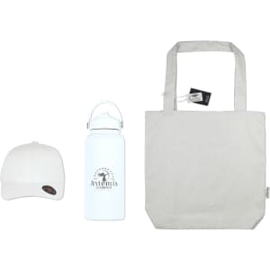 A white drink bottle, light grey tote bag, and white cap, all featuring branding.