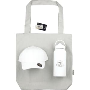 A grey tote bag, a white cap, and a white drink bottle with a logo.