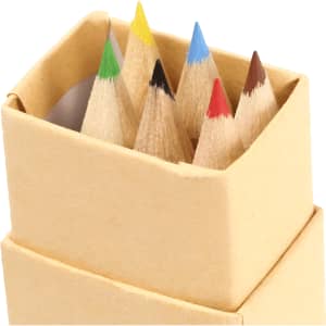 A box of coloured pencils featuring red, blue, green, yellow, and brown shades, presented in a plain cardboard packaging.