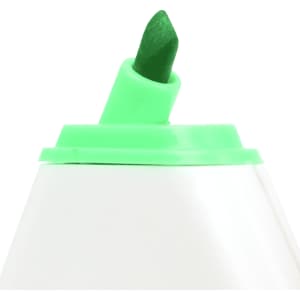 A green highlighter with a chisel tip, featuring a bright green plastic cap and a white body.