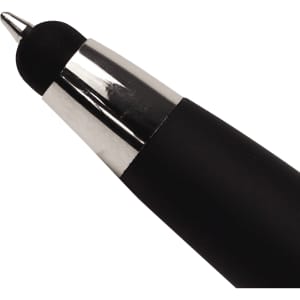A black pen with a silver trim and a touch tip for screens, featuring a shiny metallic finish.