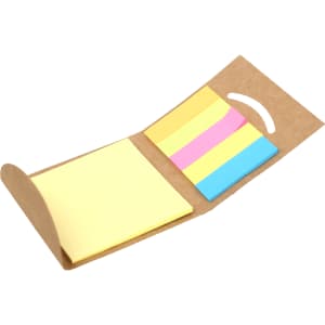 A stationary essentials pack containing yellow sticky notes and coloured index tabs in pink, blue, and yellow.