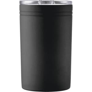 A black insulated drink bottle with a clear lid and a sleek design.