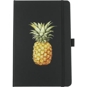 A black notebook featuring a pineapple illustration on the front cover. It has a strap closure and a ribbon marker.