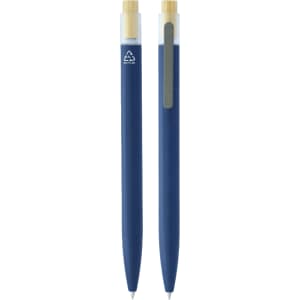 A set of two blue pens with bamboo accents, featuring a logo on one pen.