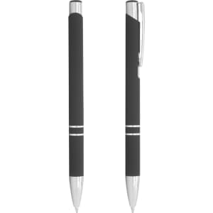A black pen with a silver clip and details, featuring a smooth grip and sleek design.