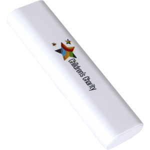 A white travel pack featuring a logo. The design is sleek and simple, with a smooth surface.