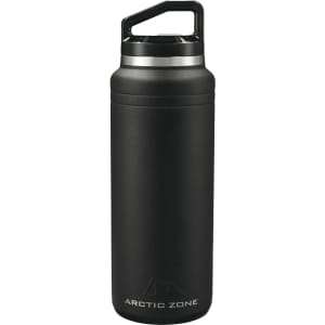 A black insulated drink bottle with a silver accent and a handle, featuring a logo on the front.