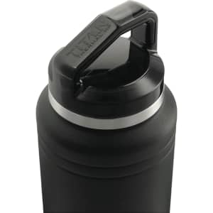 A black drink bottle with a silver band and a sturdy black cap, featuring a logo on the side.