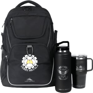 A black travel backpack with a logo, accompanied by a black drink bottle and a stainless steel mug.