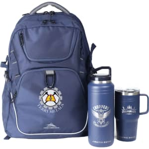 A navy blue backpack, a stainless steel drink bottle, and a drink tumbler, all featuring logos.