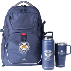 A navy blue backpack with a logo, accompanied by a drink bottle and a travel mug, both in shades of blue.