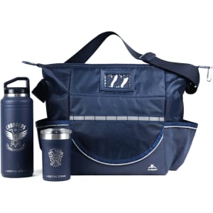 A navy blue tote bag with a shoulder strap, accompanied by a drink bottle and insulated cup, both in matching colours.
