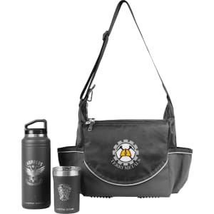 A black shoulder bag with a logo, containing a drink bottle and a cup, both in grey.