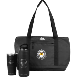 A black tote bag with a logo, containing a stainless steel drink bottle and two tumblers.