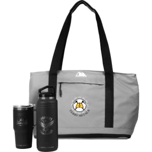 A grey tote bag with black straps, a drink bottle, and a stainless steel cup. The bag features a logo.