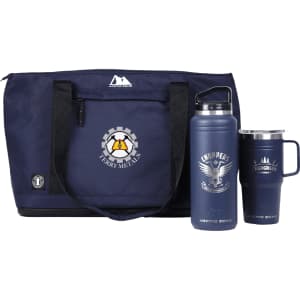 A navy blue bag with a logo, containing a stainless steel drink bottle and a mug, both in matching colours.
