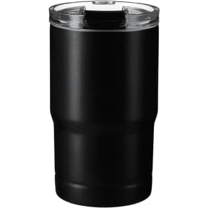A drink bottle in matte black with a clear lid, featuring a sturdy, ergonomic design.