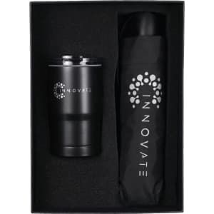 A drink bottle and black umbrella gift set in a black presentation box, featuring a logo.