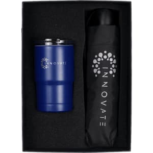 A drink bottle and tumbler in navy blue, packaged together in a black gift box with a logo.