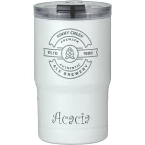 A white drink tumbler featuring a grey logo and lid, with "Acacia" printed in a stylish font.