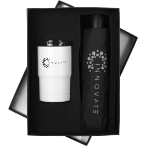 A drink bottle and a tumbler in a gift box, featuring a black and white colour scheme and branding.