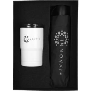 A white tumbler and a black umbrella, presented in a black gift box with branding.