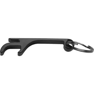 A black keyring with a bottle opener design, featuring a loop for attachment.