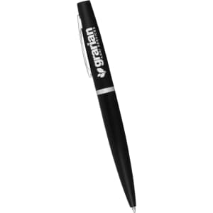 A black pen with a silver accent and a logo. Ideal for promotional gifts or office use.