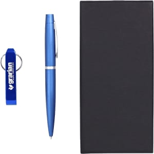 A blue pen and a blue keyring bottle opener, accompanied by a black gift box. The keyring has a logo.