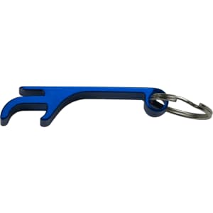 A drink bottle opener keyring in blue with a keyring attachment. Features a sleek, minimalist design.
