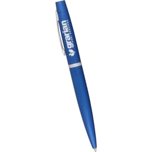 A blue pen with a logo, featuring a sleek design and silver accents.